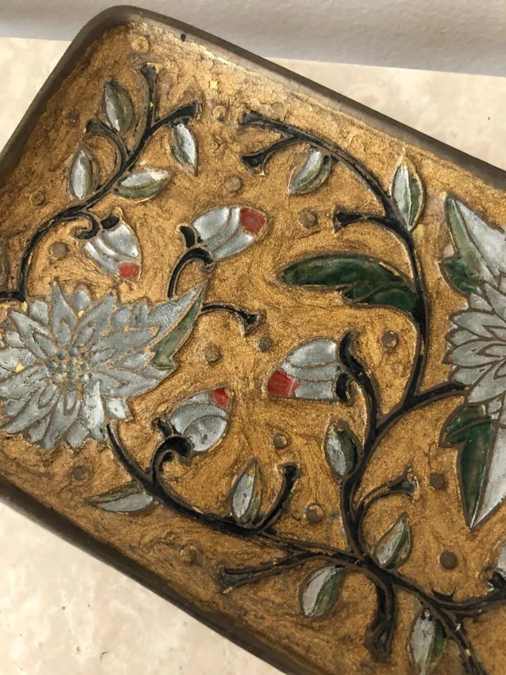 VINTAGE Decorative Painted Enamel Floral Brass Trinket Catchall Valet Tray Dish